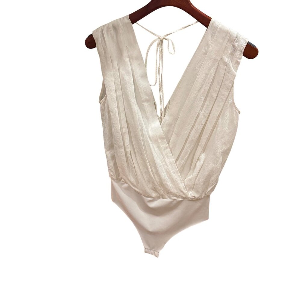 ZARA Draped Sleeveless Deep V-Neck Bodysuit Size Small White/Ivory